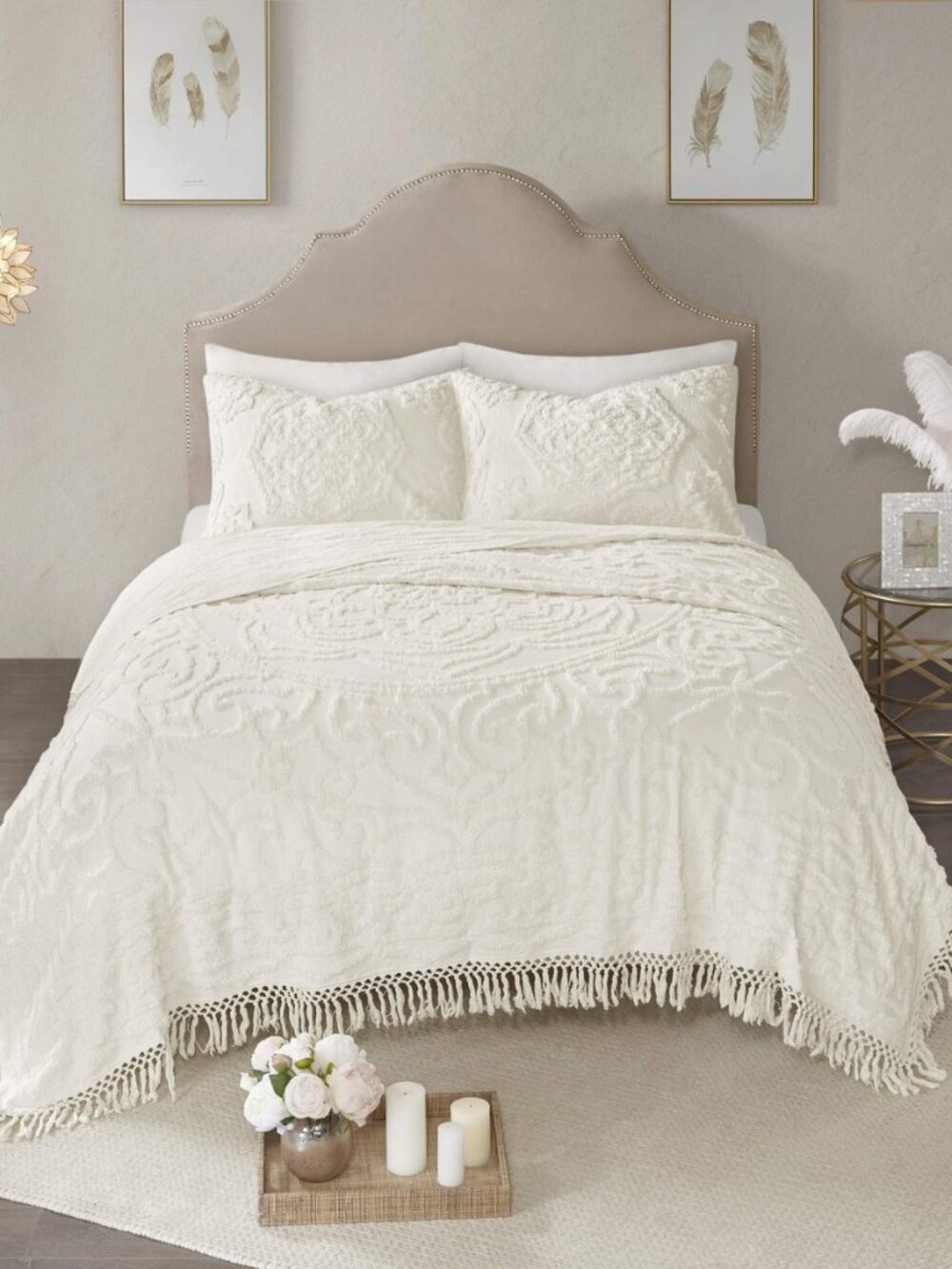 Chenille Tufted Off-White Queen Cotton Quilt Set, 3pc